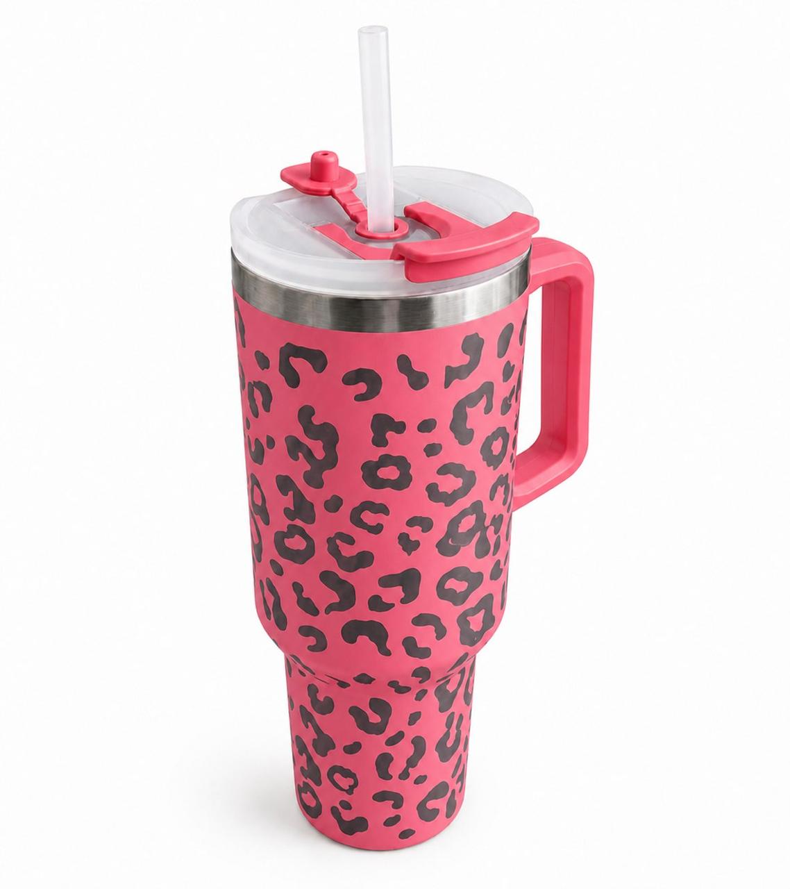 Pinker 1,2-Liter-Thermobecher mit schwarzem Leopardenmuster