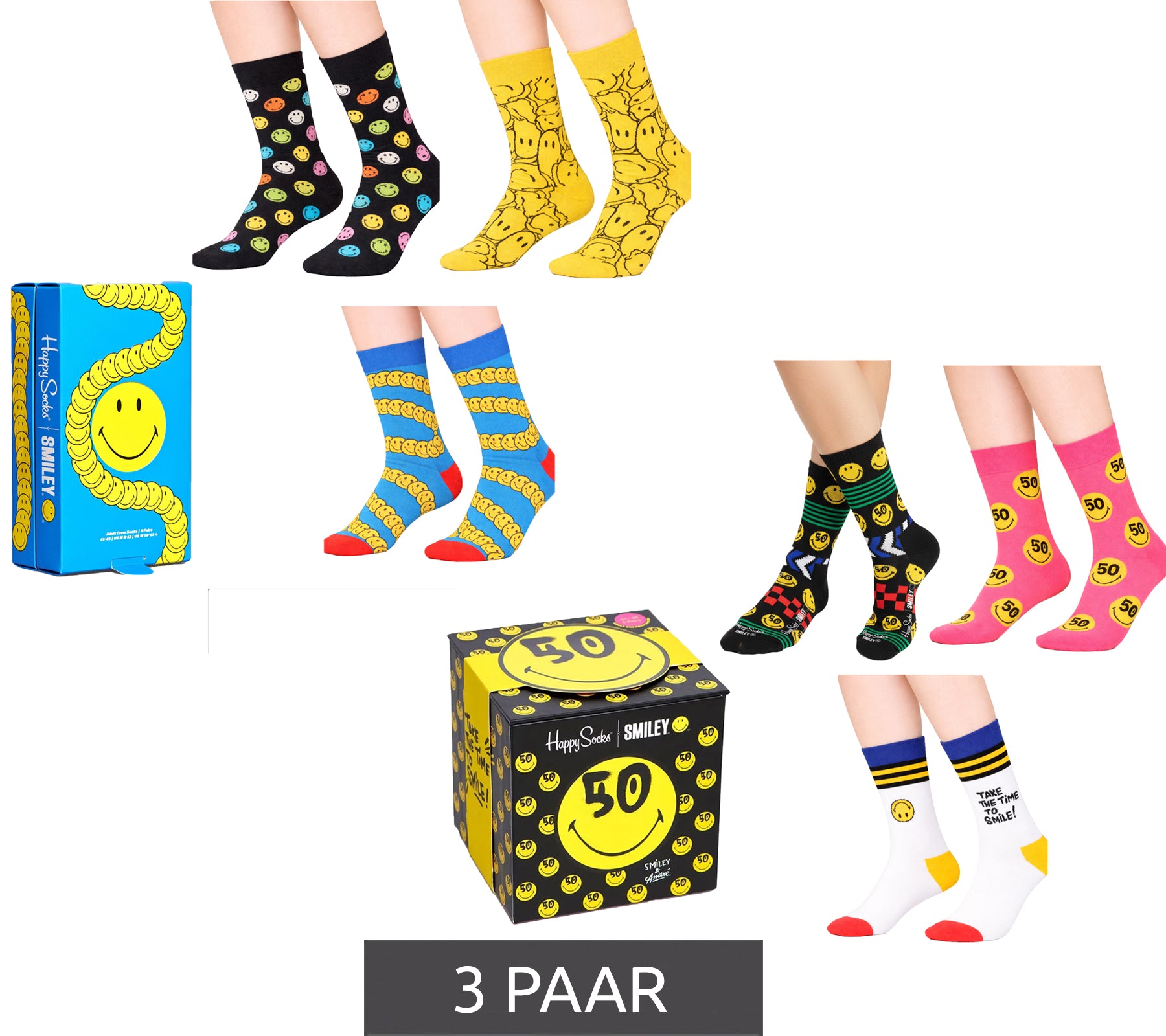 Happy Socks Smiley-Socken im 3er-Pack in Geschenkbox