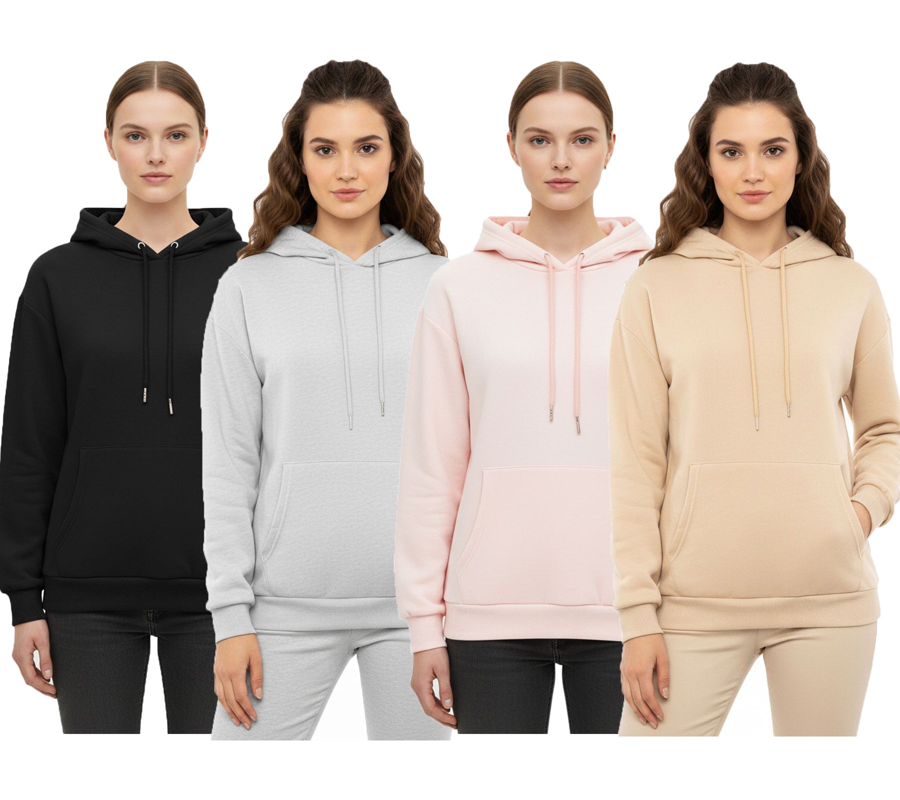 Vier Zwillingsherz Damen-Hoodies in Schwarz, Grau, Rosa und Beige – Beispiel für den Größen- und Farbenmix