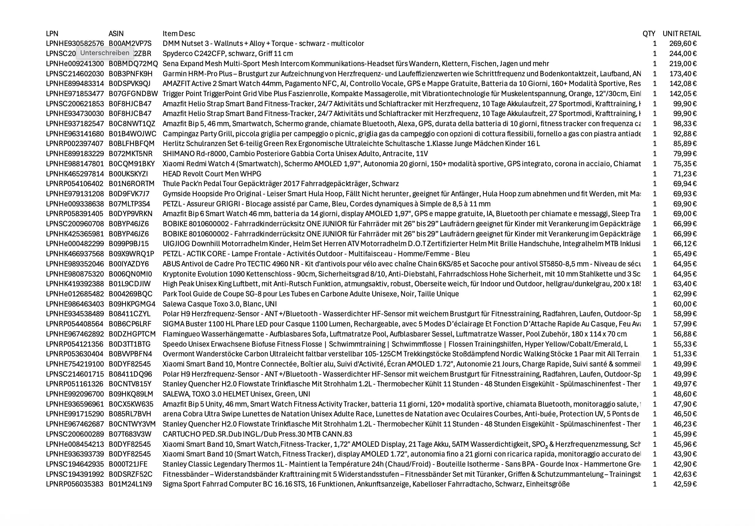 Amazon Retouren Palette #40001112 (Sport / Sonstiges)