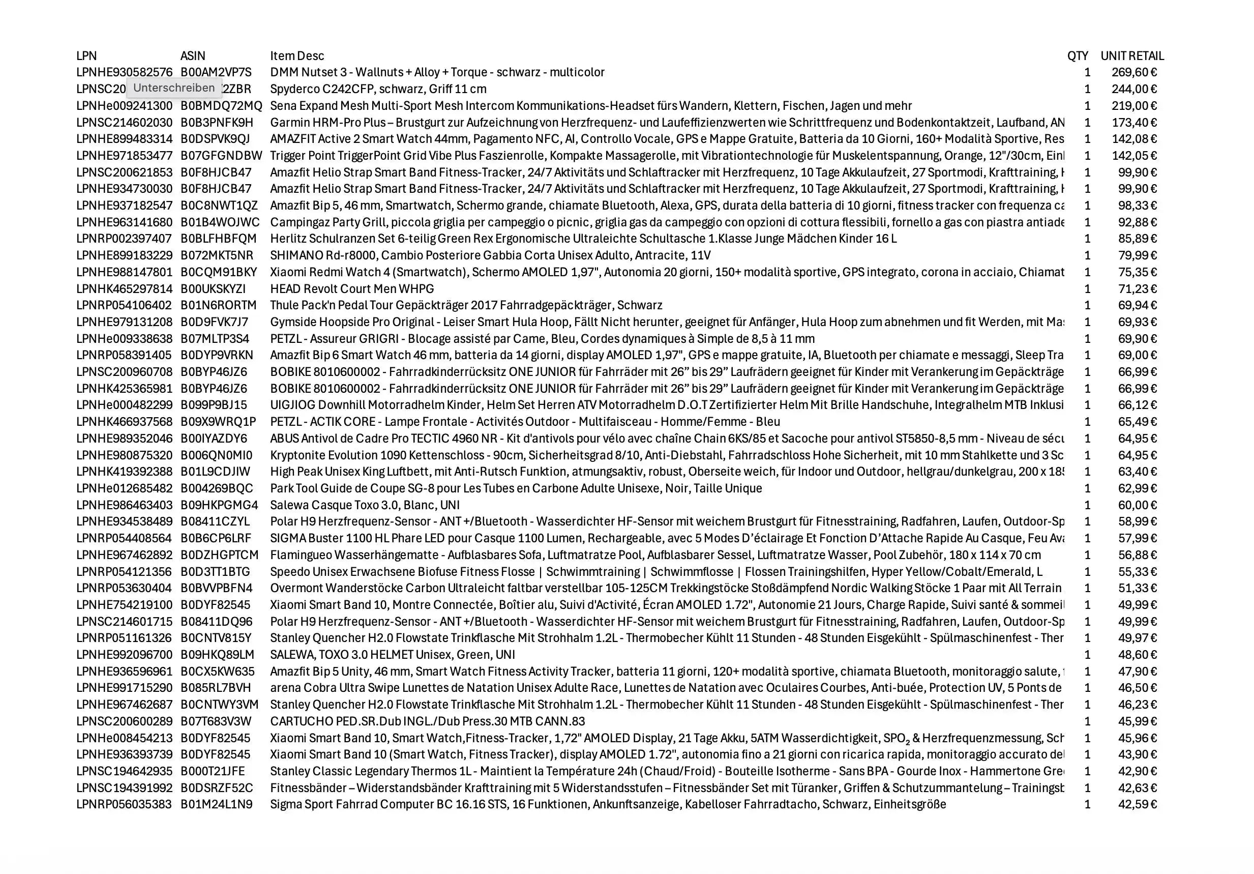 Amazon Retouren Palette #40001112 (Sport / Sonstiges)