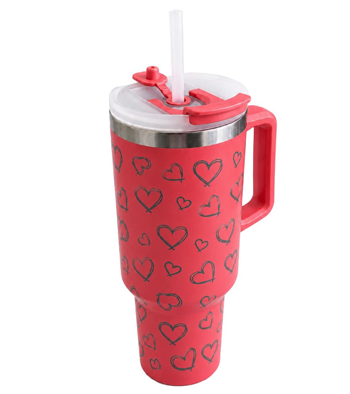 Pink-roter 1,2-Liter-Thermobecher mit schwarzem Herzmuster