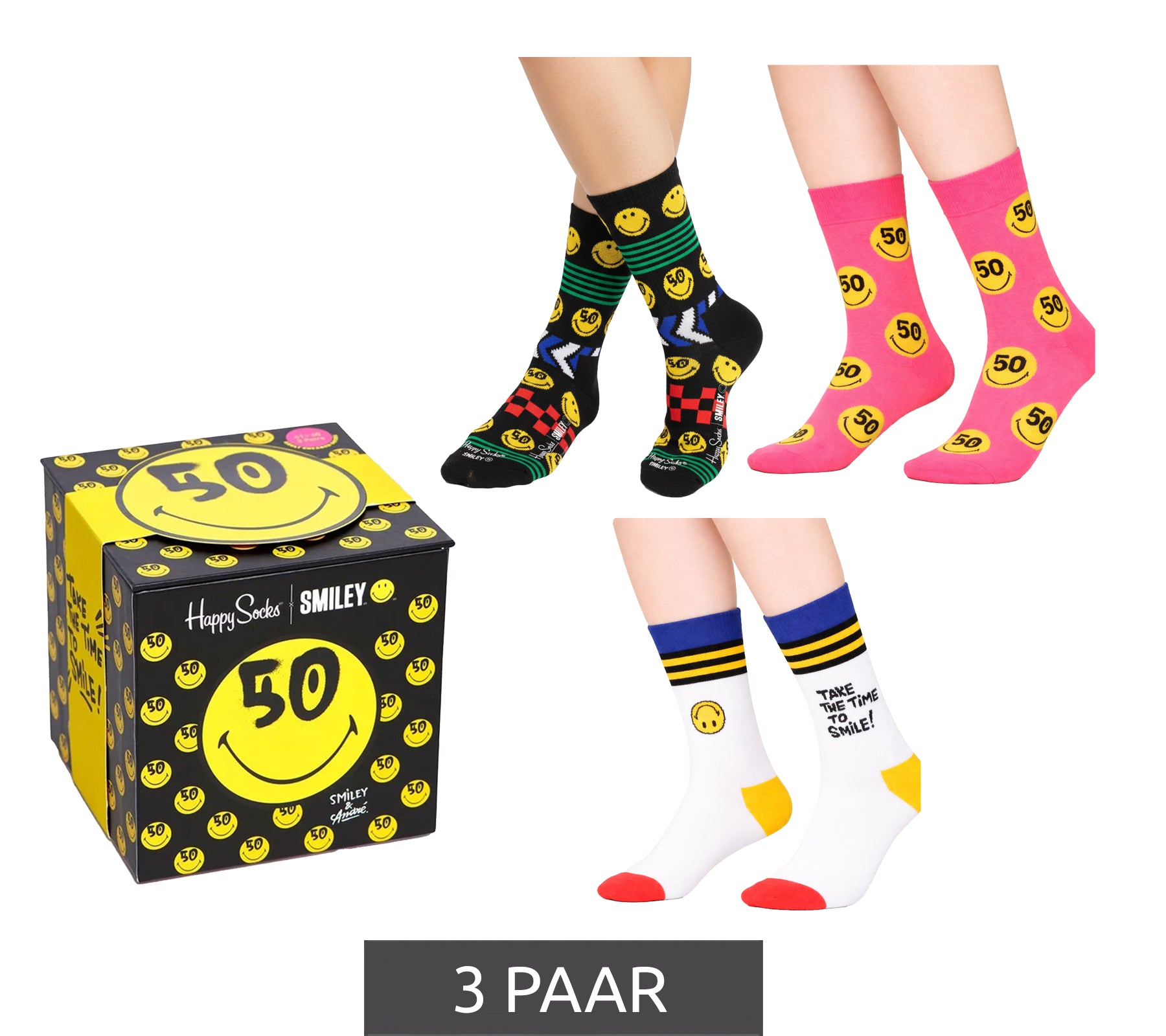 Drei Happy Socks Smiley-Socken in Gelb, Schwarz und Blau