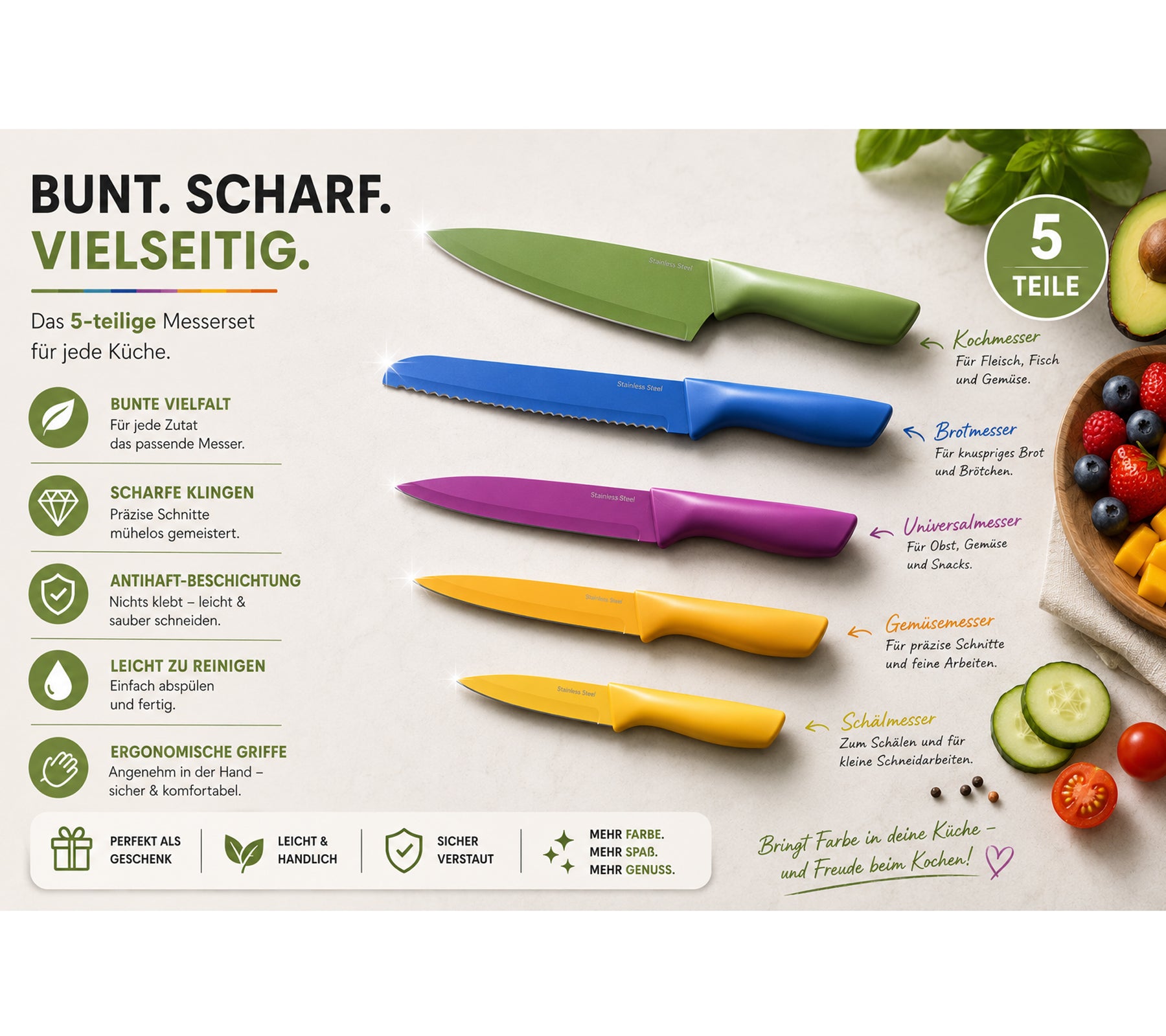Lieferumfang des 5-teiligen Messer-Sets von DR Home Division