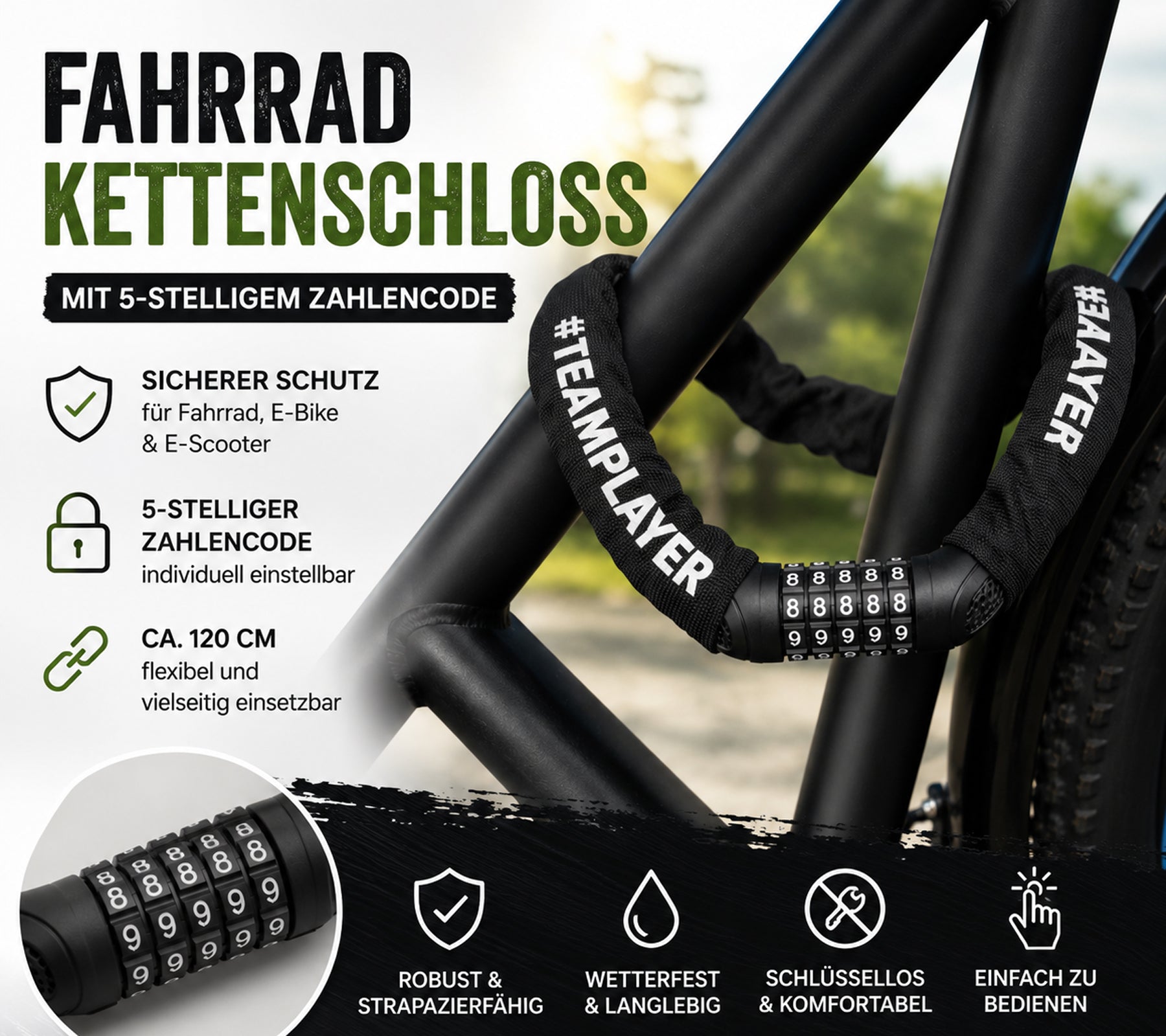 Schwarzes Kettenschloss für Fahrrad und E-Bike