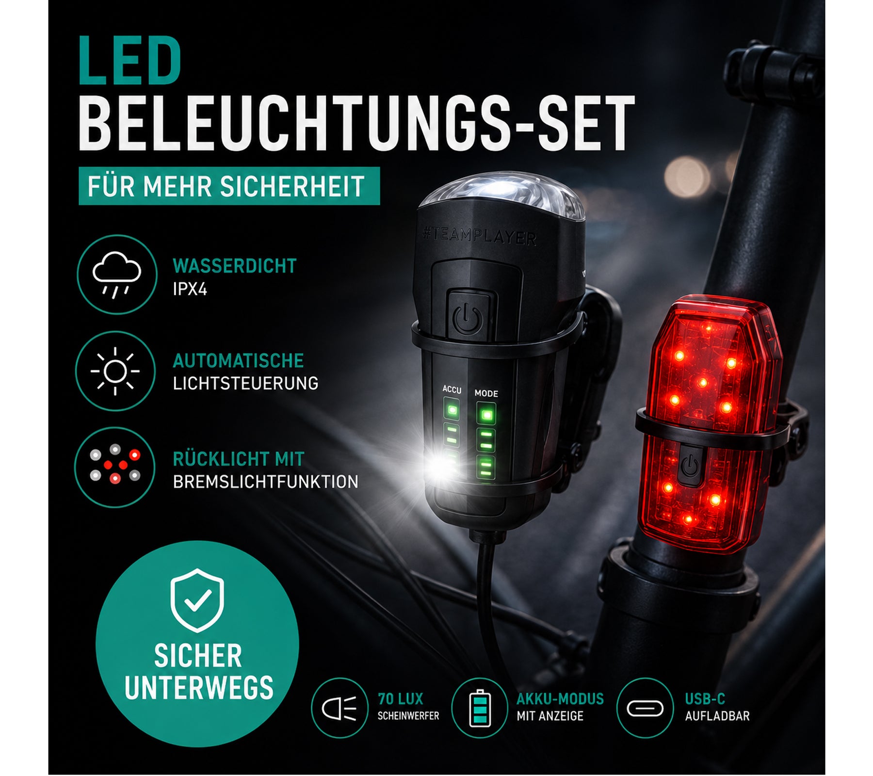 LED Fahrrad-Beleuchtungs-Set mit Front- und Rücklicht