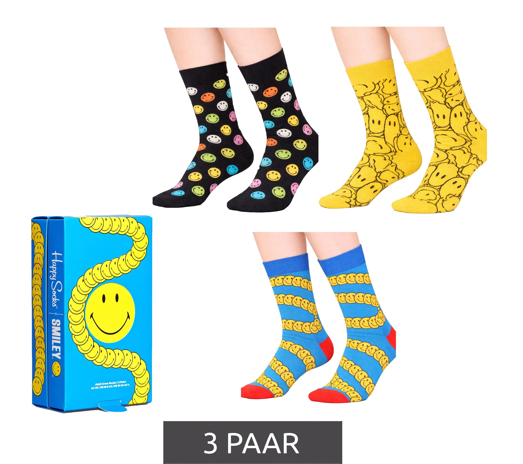 Drei Happy Socks Smiley-Socken in Schwarz, Pink und Weiß